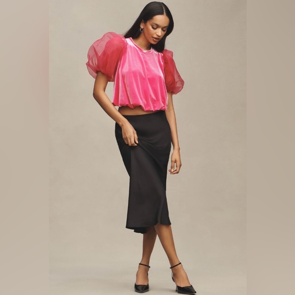 NEW MAEVE Puff Sleeve Velvet Blouse in Pink SMALL - Picture 3 of 5